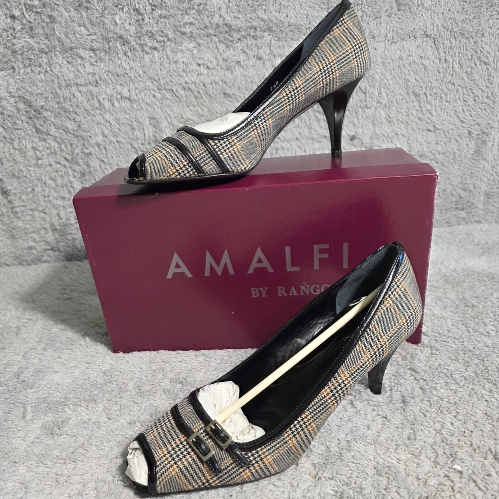 VTG Amalfi Rangoni Women's Plaid‎ Peep Toe Heels Italian Leather Lined 7.5  NIB